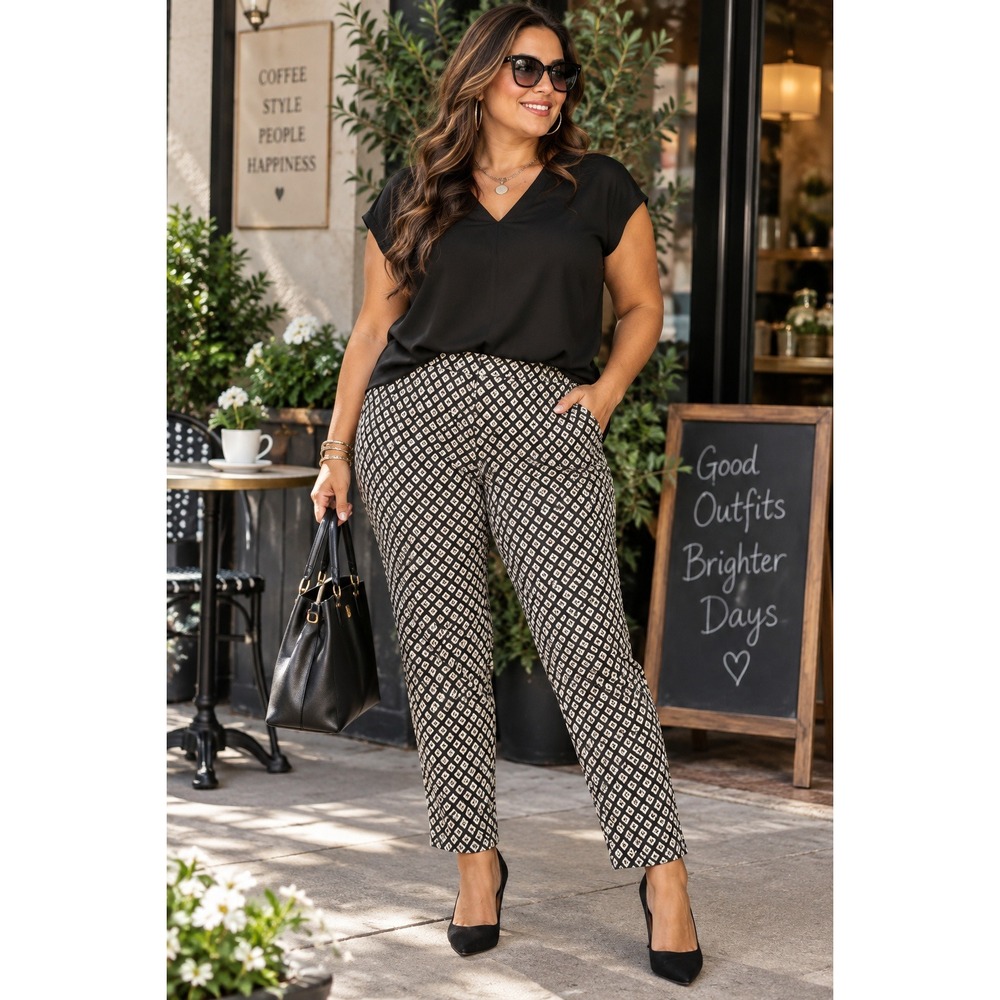 Chicos Brigitte So Slimming Crop Pants Black White Diamond Print Size 2 Large